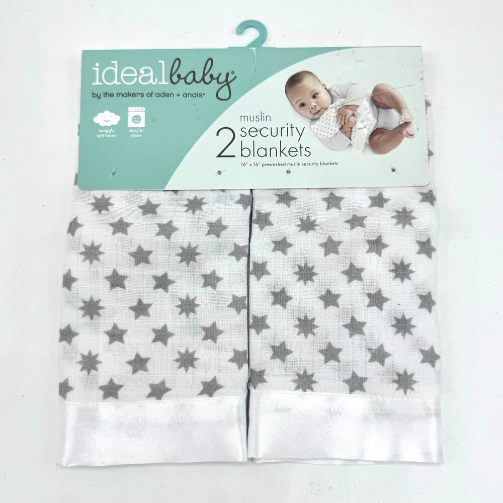 Aden Anais Ideal Baby Muslin Security Blankets 2pk Gray Stars 16x16 Satin Trim
